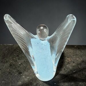 Vintage 1980s Hand Blown Angel Figure Decorative Blue Clear Wings Figurine VTG